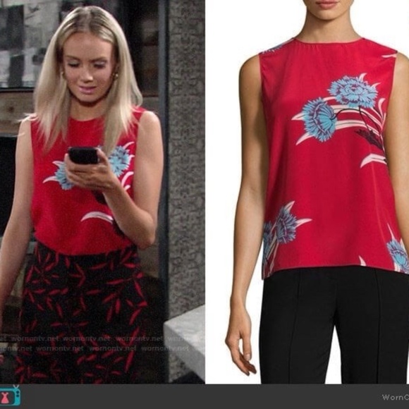 Diane Von Furstenberg Red Floral Silk Blouse Women's Sz Small As Seen on TV - Picture 1 of 7